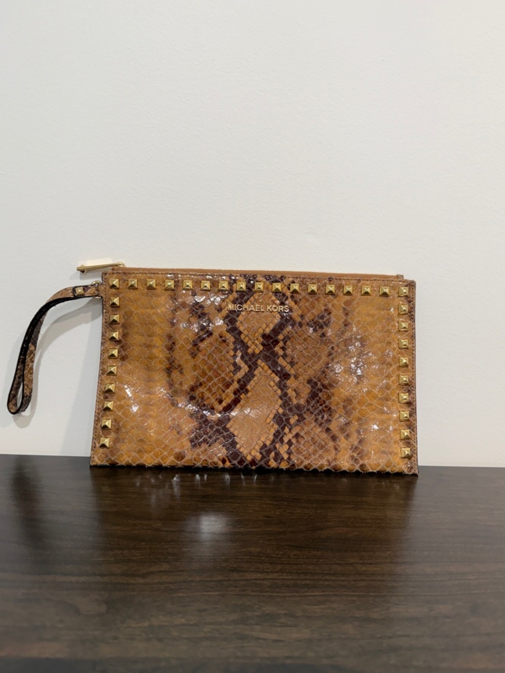 Michael Kors Tan Snake-Print Studded Wristlet